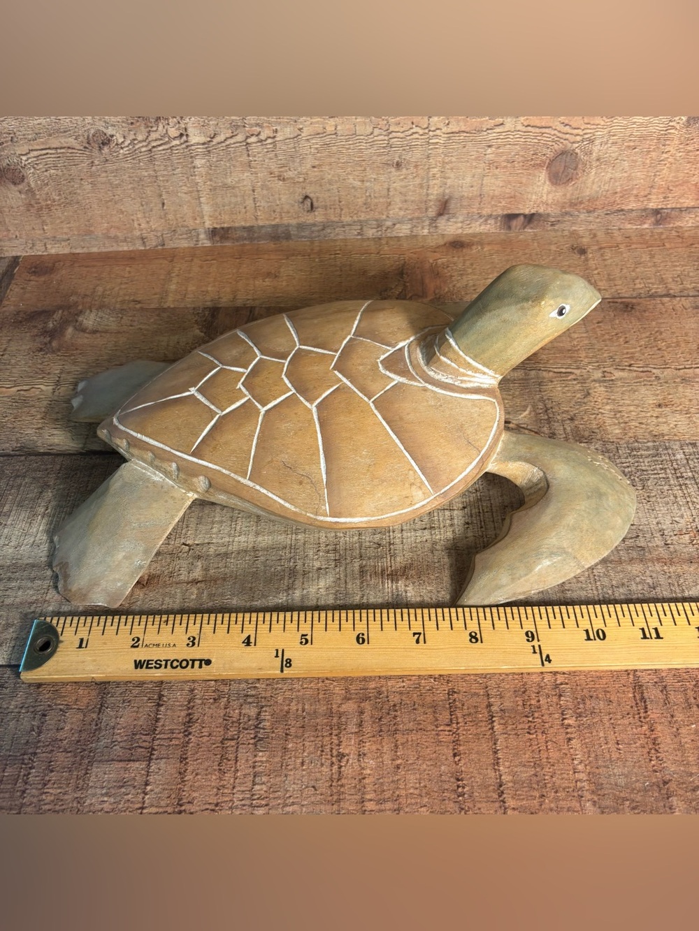 Vtg Hand Carved 11” Wooden Sea Turtle Figurine - Nautical Boho Coastal Wood Art - Picture 6 of 8